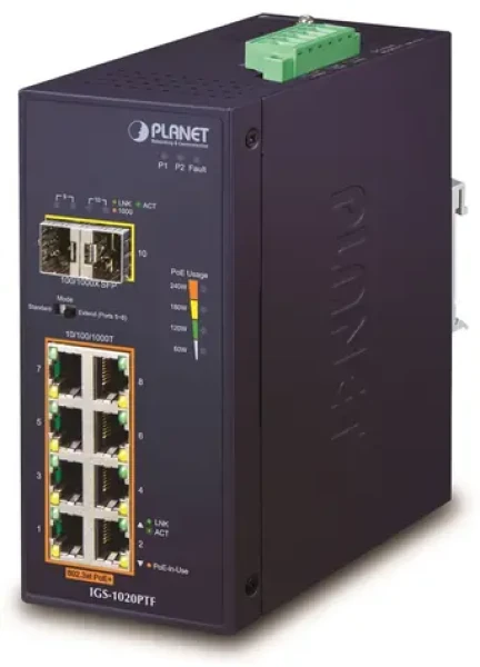 PLANET Switch průmyslový 8-Port GE PoE+ / Switch / 8x GbE RJ-45 PoE+ 240W / 2x SFP 100/1000X / DIN lišta / -40~75°C (IGS-1020PTF)