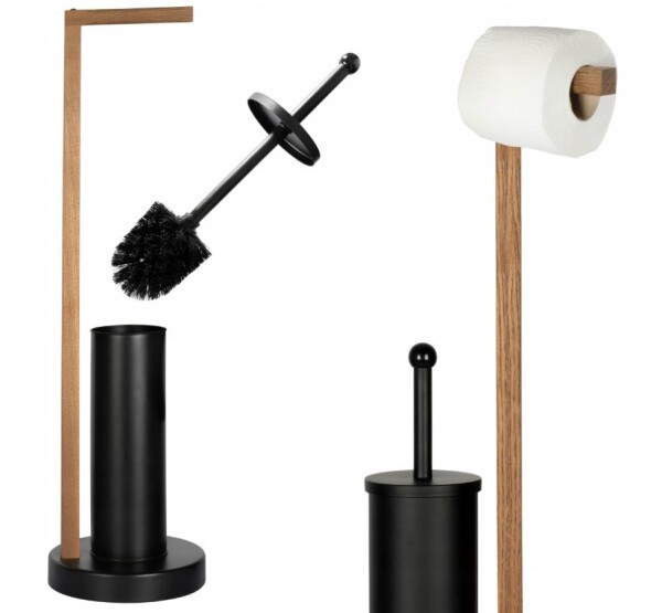 Erga Aurora Black, toaletní WC kartáč s dřevěným držákem na WC papír na postavení 19x19x72,5 cm, hnědá-černá, ERG-SEP-1004SEPSTLUNA