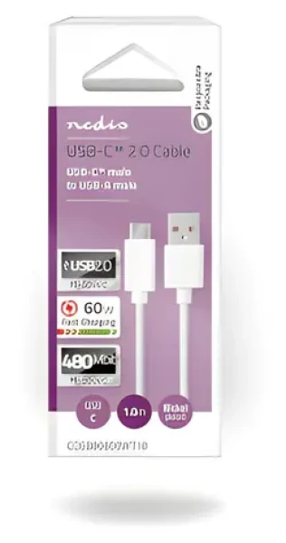 Nedis USB 2.0 kabel černá / Kabel USB / USB-C - USB-C / 60 W / 480 Mbps / 1 m (CCGB60600WT10)