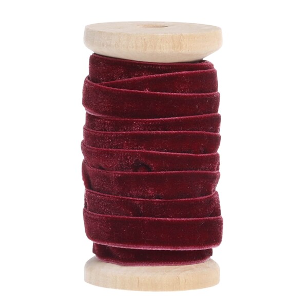 Chic Antique Sametová stuha na dřevěné špulce 5 m – Antique Cherry, červená barva, textil