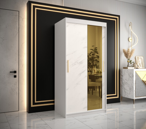 Šatní skříň Abi Golden T2 Barva korpusu: Bílá, Rozměry: 100 cm, Dveře: Bílý mramor se zlatým zrcadlem