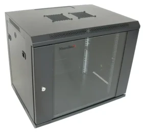 XtendLan 9U 600×450 mm černá / Nástěnný rozvaděč / jednodílný / skleněné dveře / nosnost 60 kg (WS-9U-64-BLACK-P)