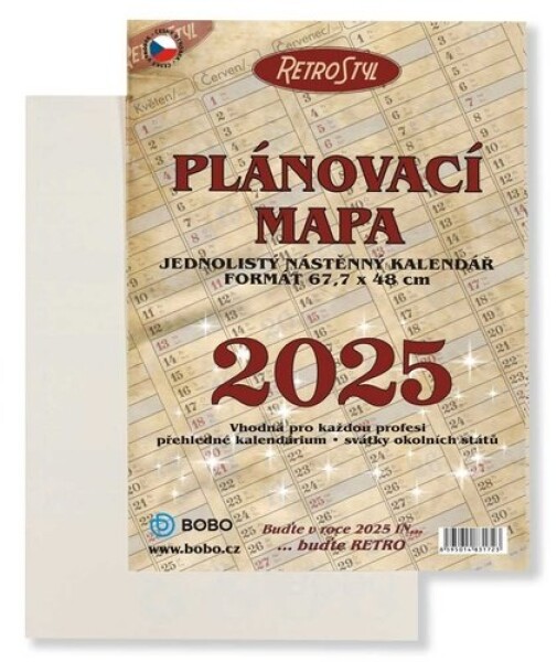 Plánovací roční mapa 2025 Retro skládaná - nástěnný kalendář