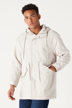 ALTINYILDIZ CLASSICS Men's Beige Standard Fit Normal Cut, Hooded Adjustable Drawstring Trench Coat.