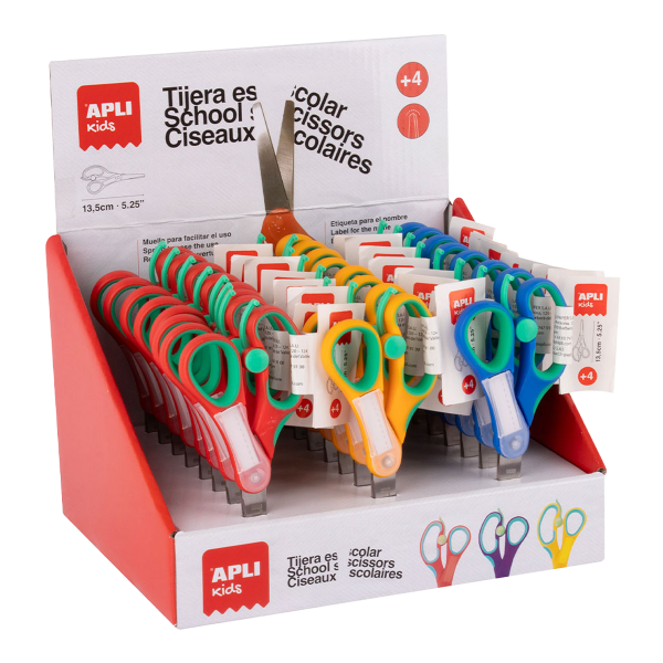 APLI školní nůžky se jmenovkou, 13,5 cm, 24 ks, asymetrické, displej, mix barev