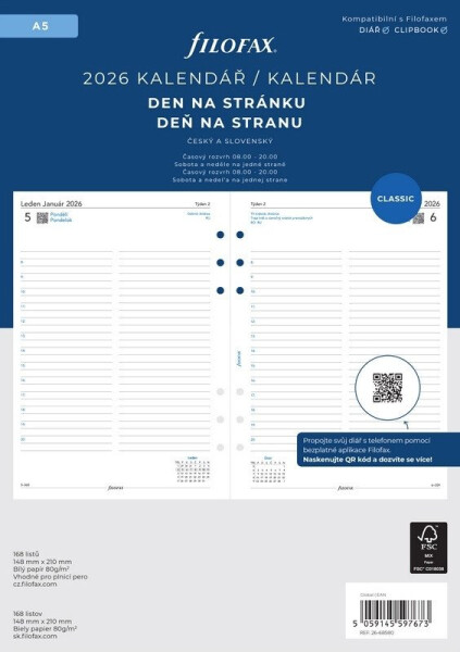 FILOFAX kalendář 2026 A5, den/1 str, linky, ČJ+SJ
