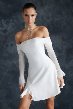 Trendyol Svatební Bílé Šaty Otevřeným Pasem/Sukně Podšité Svatební/Svatební Elegantní Večerní Šaty