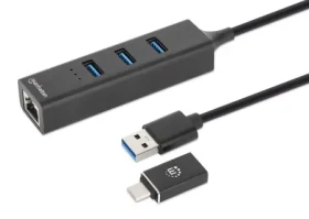Manhattan Kombo-hub USB-C/USB-A s LAN adaptérem černý / USB hub / 3x USB-A 3.2 Gen 1 / Gigabit LAN / 5 Gbps (180894)