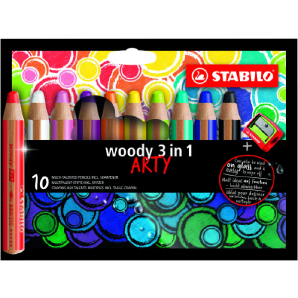 Pastelky STABILO Woody 3in1, sada 10 ks v pouzdru s ořezávátkem &quot;ARTY&quot;