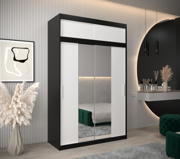 Šatní skříň Abi T1 s nástavcem Barva korpusu: Černá, Rozměry: 150 cm, Dveře: Bílá
