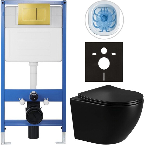CERANO Kompletní podomítkový WC set Lite/Cesso - černá lesklá - WC tlačítko Classic, zlatá - předstěnová instalace/sádrokarton - 49x36 cm