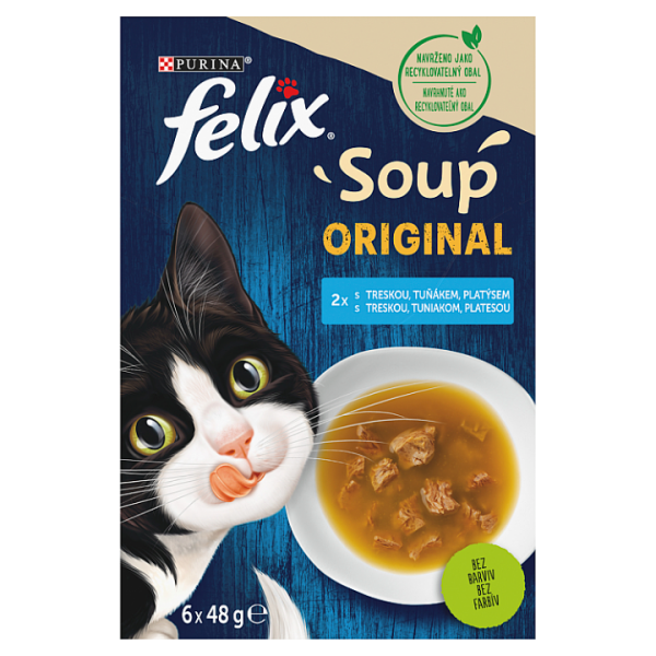 Purina Felix Soup polévky s treskou+tuňákem a platýsem 6x48g / Kapsičky pro kočky (8445290290700)