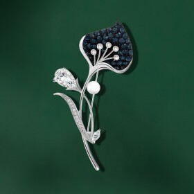 Luxusní brož s perlou a zirkony Diara - květina, Stříbrná