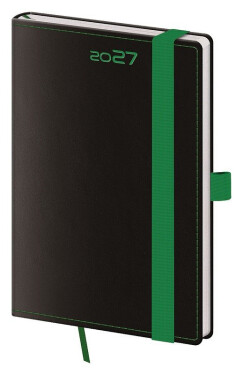 Diář 2027 týdenní kapesní Black Green s poutkem na propisku