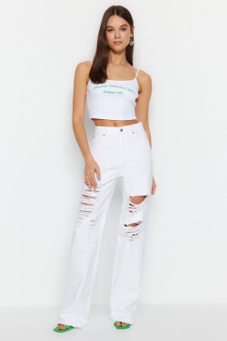 Trendyol Bílé roztrhané džíny s vysokým pasem a širokými nohavicemi