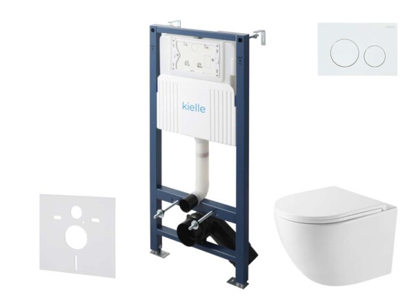 Kielle - Genesis New Set předstěnové instalace, kompaktního klozetu Oudee, Vortex Rimless+, sedátka softclose a tlačítka Gemini New I, lesklá bílá 30528SS37
