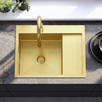 REA - Ocelový dřez Fin BRUSH GOLD s kuchyňskou baterií KPL-96013
