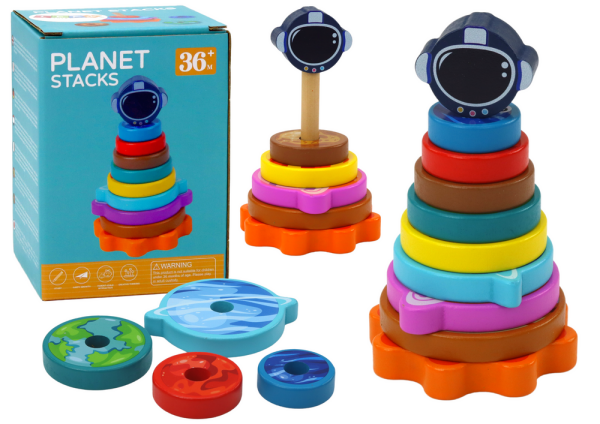Mamido Dřevěná skládačka pyramida s planetami a kosmem 10 dílů