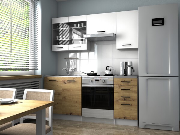 FRONTI Kuchyňská linka PAMELA 180x120 - Bílá + artisan - RYCHLE DODÁNÍ