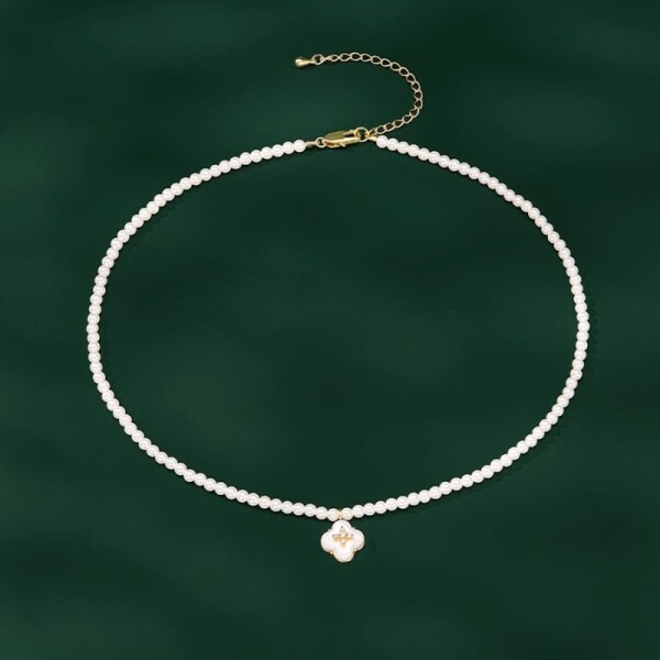 Choker perlový náhrdelník Léonie - perleťový květ, Zlatá Bílá 37 cm + 6 cm (prodloužení)