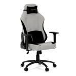 Herní křeslo, stříbrná látka, houpací mechanismus, polohování opěradla 90°-180°, 3D područky, polštáře z paměťové pěny,