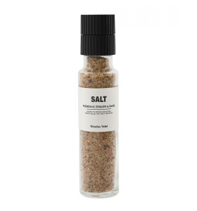 Nicolas Vahé Ochucená sůl Parmesan Tomato Basil 300 g, růžová barva, černá barva, čirá barva, sklo