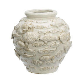 MADAM STOLTZ Kameninová váza Fishes Off White 27 cm, krémová barva, keramika