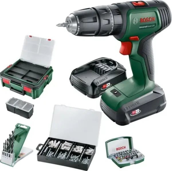 BOSCH UniversalImpact 18V zelená/černá / Aku vrtací šroubovák / 1450 ot/min / 34 Nm / 10mm sklíčidlo / 2x1,5 Ah (06039D4103)