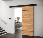 Posuvné dveře Salwador IV Dveře: Bíle mat, Pásky / úchyty: Černá, Horní pojezdová lišta: Dub artisan