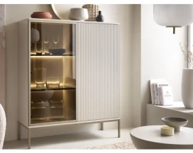 Skříňka s vitrínou Sento, kašmírově béžová/šampaň, s osvětlením