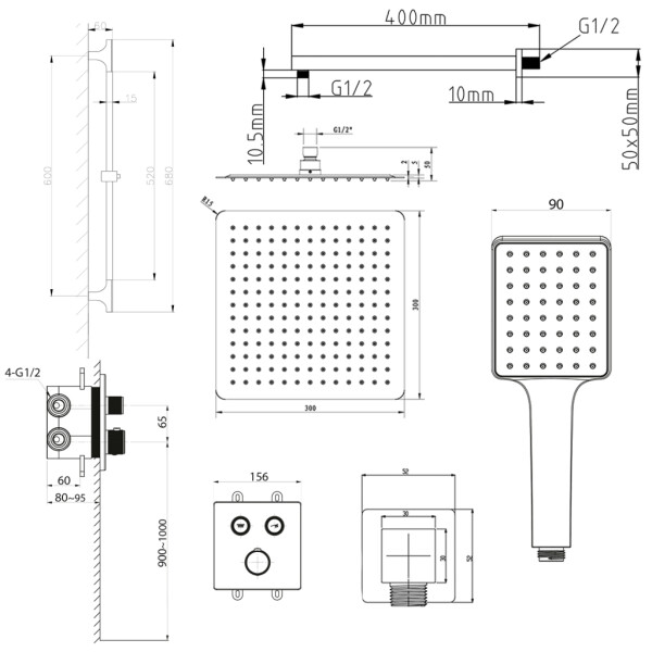 SAPHO - SMART SELECT podomítkový sprchový set s termostatickou baterií, 2 výstupy, posuvný držák sprchy, chrom RP042-02