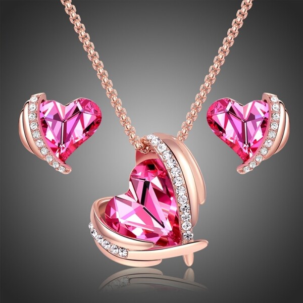 Souprava náhrdelníku a náušnic Swarovski Elements Amorita - srdíčka, Růžová 45 cm + 5 cm (prodloužení)