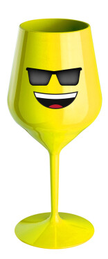 SMAJLÍK SE SLUNEČNÍMI BRÝLEMI - žlutá nerozbitná sklenice na víno 470 ml