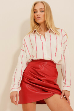 Trend Alaçatı Stili Women's Red Single Pocket Striped Woven Shirt