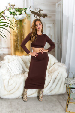 Sexy dvoudílná souprava Koucla / Maxi sukně + Crop-Shirt brown Einheitsgroesse