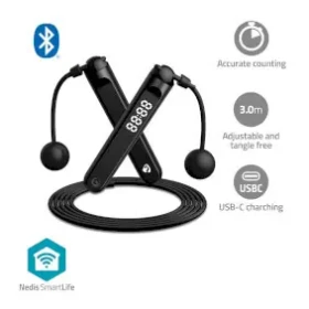 Nedis SmartLife Venkovní Sport / Švihadlo / Bluetooth / Dual Hall sensor / LED Displej / PVC / 3.00 m / Bezdrátové koule (BTHJR10BK)