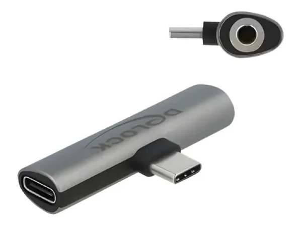 Delock USB-C audio adaptér šedá / Redukce / USB-C + Jack 3,5 mm USB-C nabíjení / PD 3.0 20V/3A (60W) (64186)