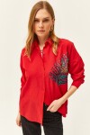 Olalook Women's Red Palm Sequin Detailed Oversize Woven Poplin Shirt