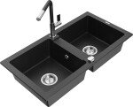 MEXEN/S - Mario granitový dřez 2-bowl včetně baterie Flora, černá/stříbrná metalik 6504-73-670401-07