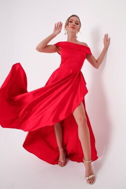 Lafaba Dámské červené saténové večerní šaty plesové šaty červeným výstřihem