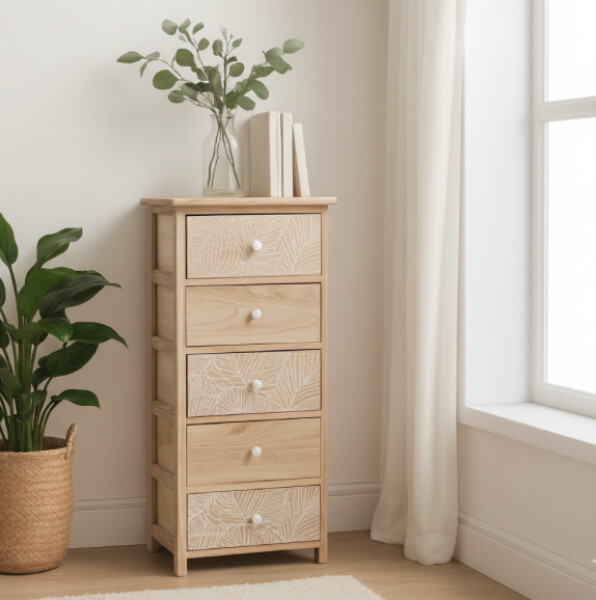 DumDekorace Komoda LUIZA s 5 zásuvkami - boho design, 40 x 29 x 90 cm