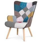 Křeslo "ušák" s podnožkou, potah patchwork látka, nohy masiv kaučukovník
