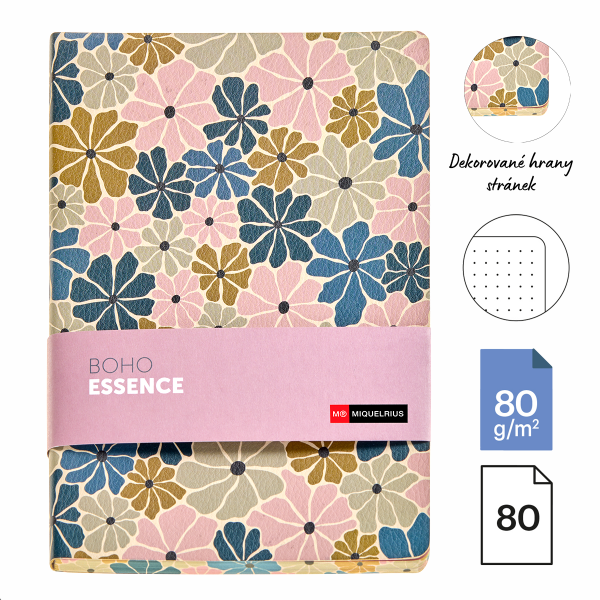 Miquelrius poznámkový zápisník - BOHO ESSENCE, A5, 80 g, karton + PU, 80 listů, tečky, mix barev