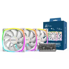 Montech AX120 PWM ARGB 3ks + porthub bílá / 120mm / 27 dB @ 1600 RPM / 59 CFM / 4-Pin PWM + 3-Pin (AX120 3 IN 1 PACK (W))