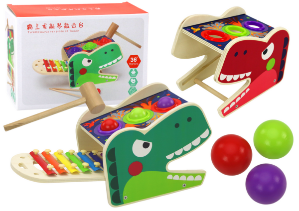 Mamido Dřevěný červený dinosaur s kladívkem a xylofonem 2v1