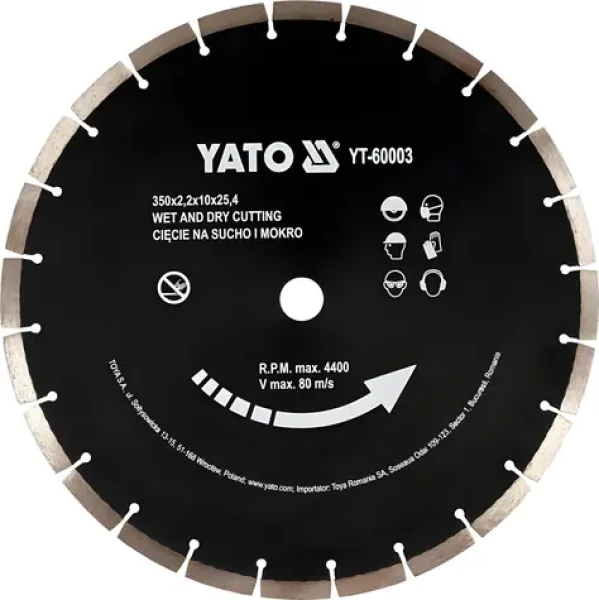 YATO Řezný kotouč diamantový segmentovaný 350x25,4x3,4 mm / Řezný kotouč / beton, zdivo, kámen / max. 4400 ot/min (YT-60003)