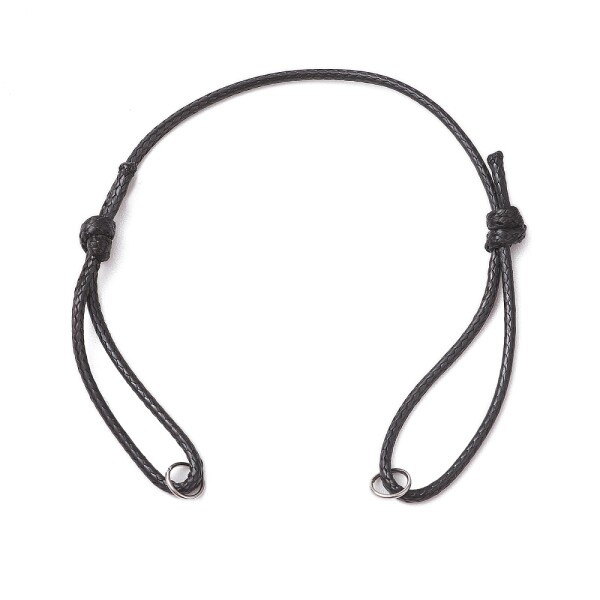 Polotovar pro výrobu náramku z voskované šnůry s kroužky - černý - 13–24 cm - 1 ks