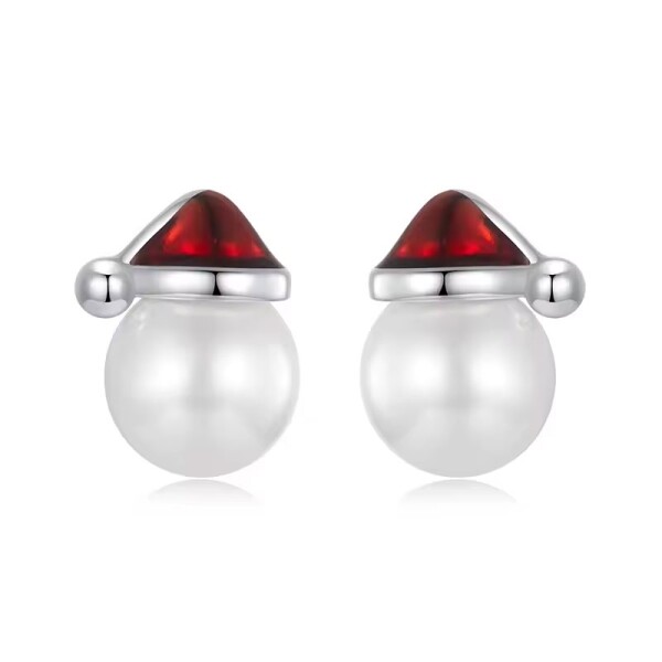 Stříbrné vánoční náušnice s čepičkou Santa Clause – stříbro 925/1000, Stříbrná Bílá