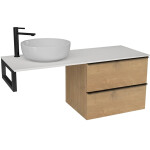 CERANO - Koupelnová skříňka Velora - dub medový, úchytka černá + deska pod umyvadlo z lit. mramoru Elanys - 12 mm + konzole černá - 160x54,2x46,5 CER-679398
