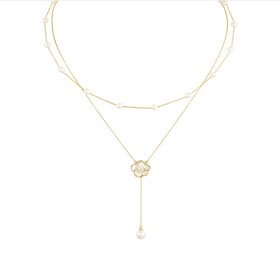 Dvojitý náhrdelník s říčními perlami Kamélie - květina, Zlatá 40 cm + 6 cm (prodloužení)